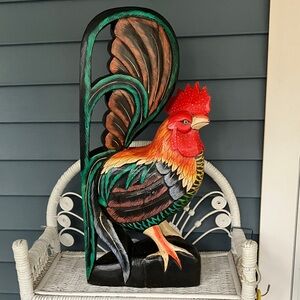 Large 24” Tall Hand-Carved & Painted Wooden Rooster Folk Art Sculpture